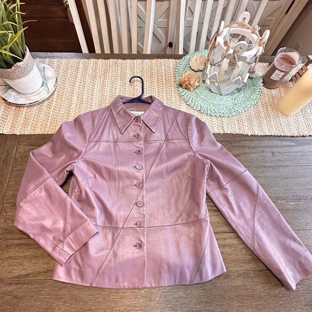 Worth Womens Pastel Purple Genuine Leather Patchwork Button Front Jacket Size 12 - Picture 6 of 12